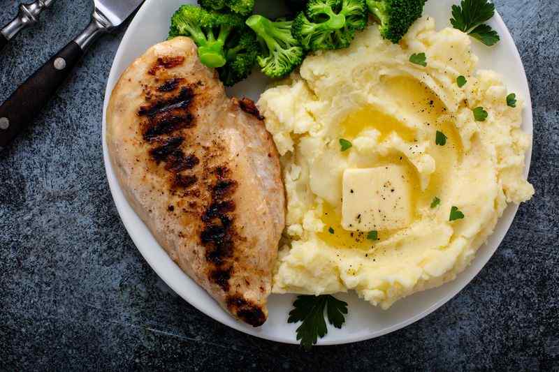 grilled chicken, mashed potatoes, and broccoli 