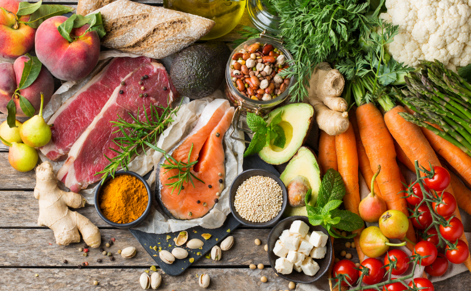 Array of healthy fruits and veggies